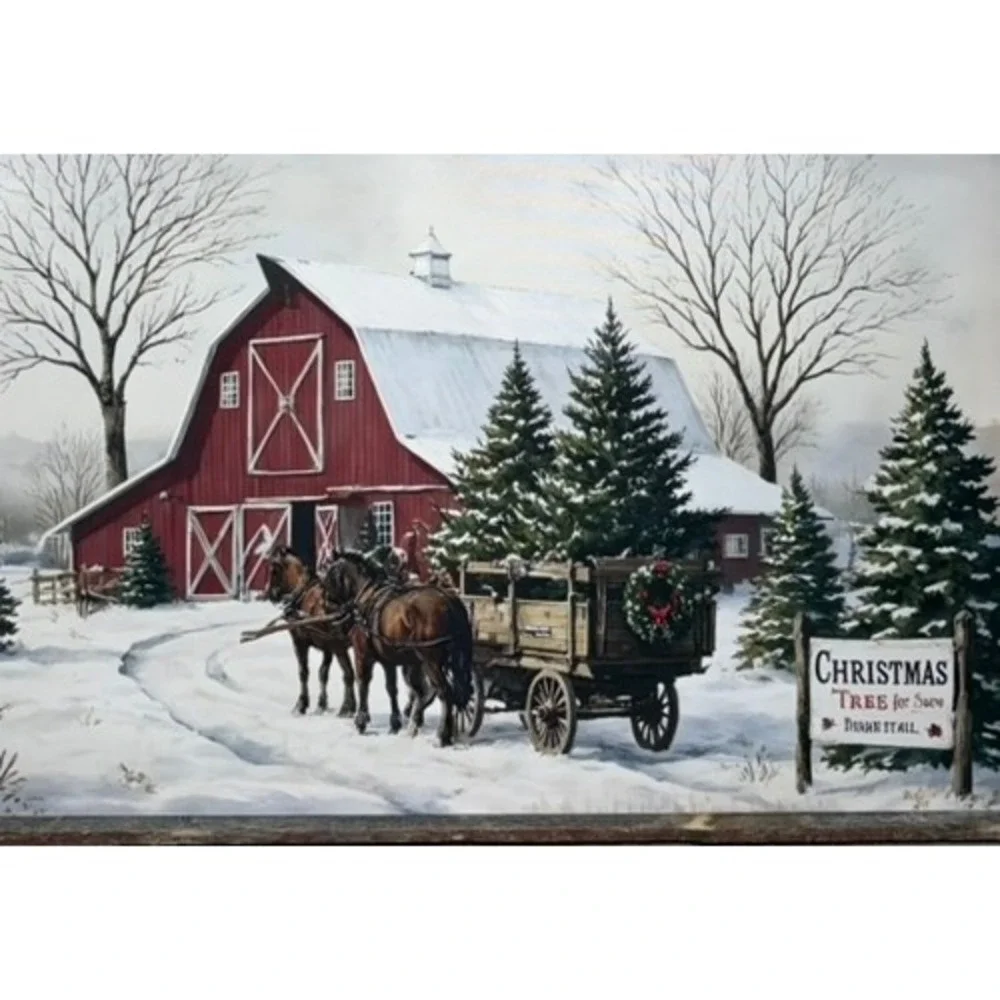Rustic X-Mas Tree Farm Canvas Wall Art Red Barn Winter Decor 24x16 Wood Frame